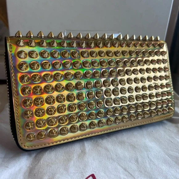 NEW Christian LOUBOUTIN Panettone Iridescent Gold Studded Red Leather Wallet